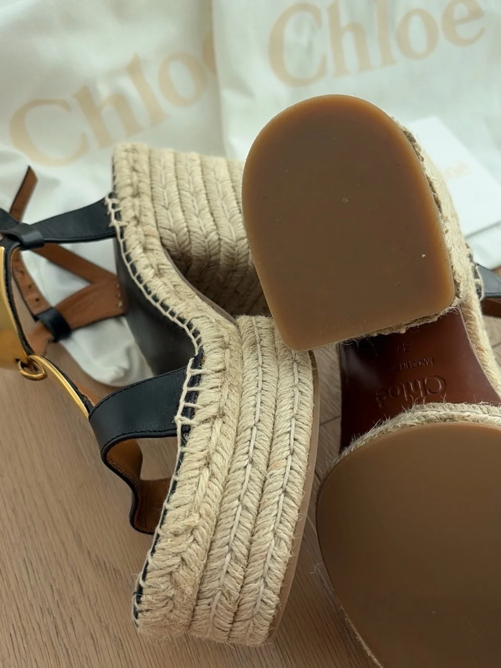 Chloé Black Leather Espadrille Sandals with Gold-Tone Oval Charms